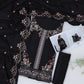 1008 Black Floral Dhanak - 3-Piece Unstitched Suit; Black Floral, actual fabric and design detail.