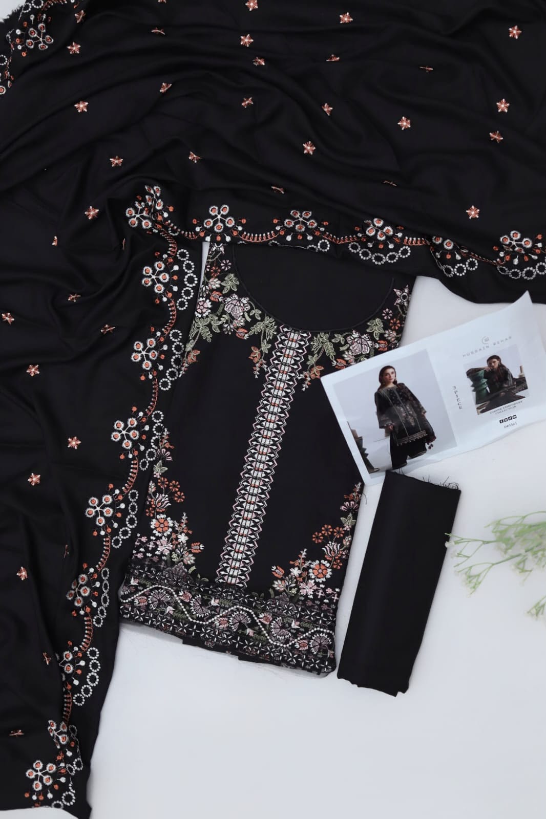 1008 Black Floral Dhanak - 3-Piece Unstitched Suit; Black Floral, actual fabric and design detail.