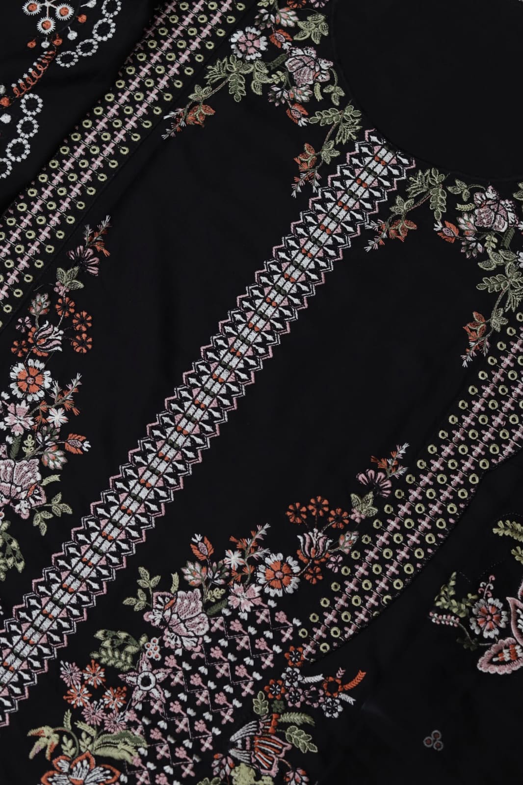 1008 Black Floral Dhanak - 3-Piece Unstitched Suit; Black Floral, actual fabric and design detail.
