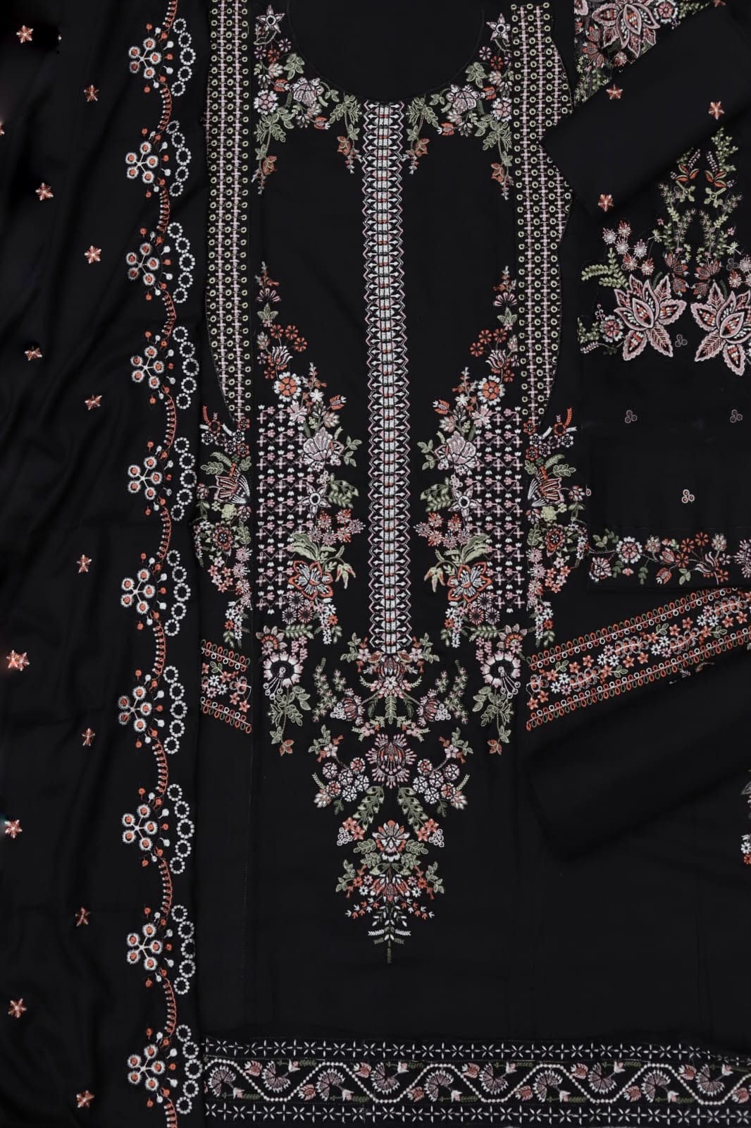1008 Black Floral Dhanak - 3-Piece Unstitched Suit; Black Floral, actual fabric and design detail.