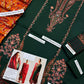 1227 Emerald Dhanak with Wool Shawl - 3-Piece Unstitched Suit; Emerald and Orange, actual fabric and design detail.
