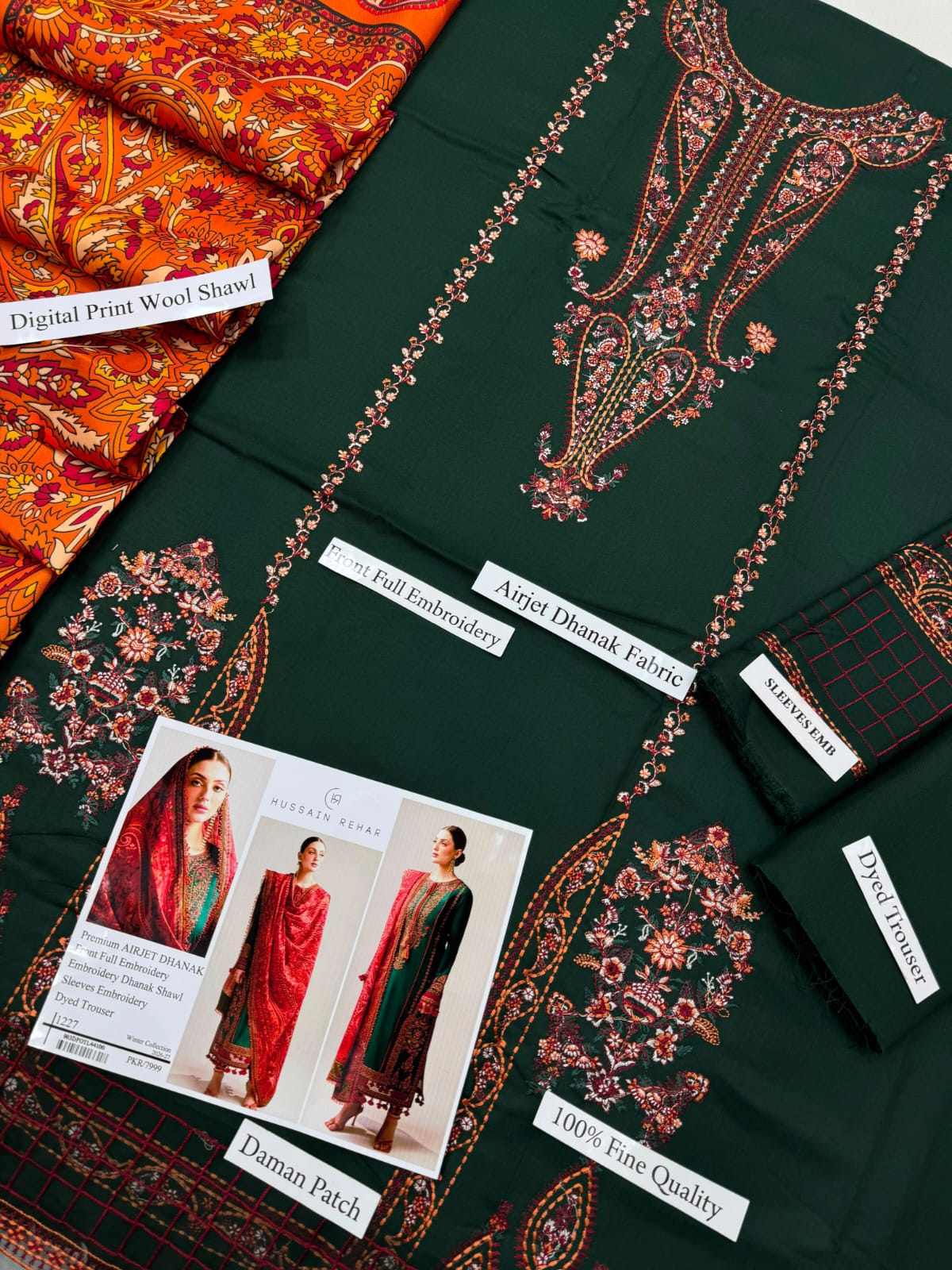 1227 Emerald Dhanak with Wool Shawl - 3-Piece Unstitched Suit; Emerald and Orange, actual fabric and design detail.