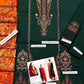 1227 Emerald Dhanak with Wool Shawl - 3-Piece Unstitched Suit; Emerald and Orange, actual fabric and design detail.