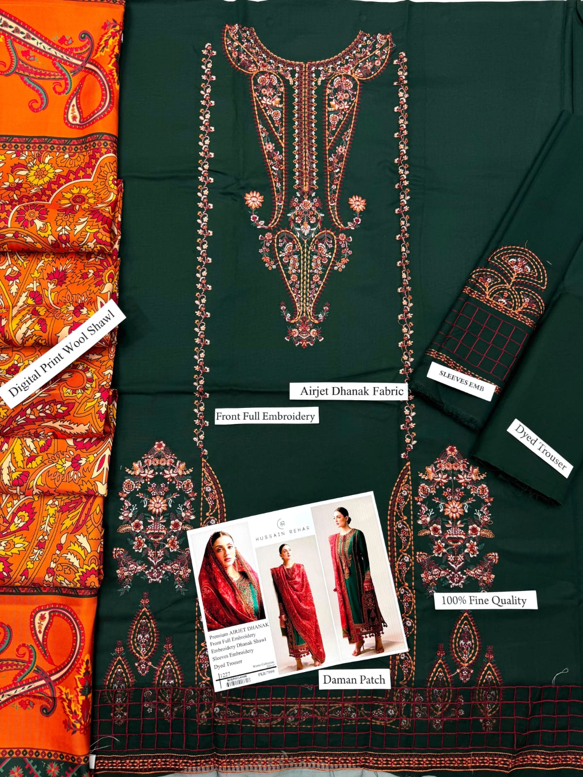 1227 Emerald Dhanak with Wool Shawl - 3-Piece Unstitched Suit; Emerald and Orange, actual fabric and design detail.
