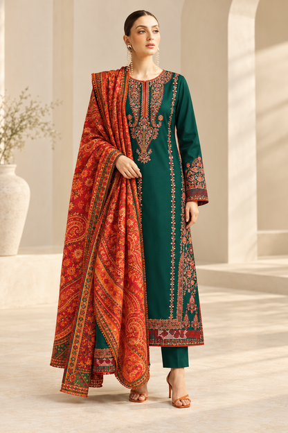 1227 Emerald Dhanak with Wool Shawl - 3-Piece Unstitched Suit; Emerald and Orange, front model styling view. Supplied unstitched.