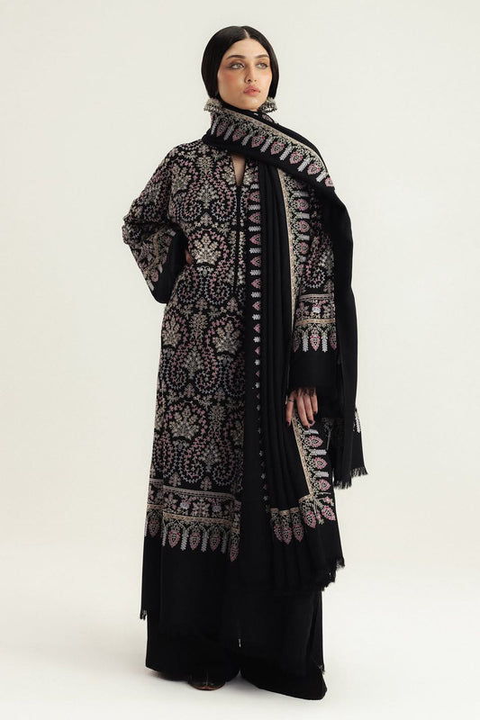 9036 Black Embroidered Dhanak - 3-Piece Unstitched Suit; Black, original model view.