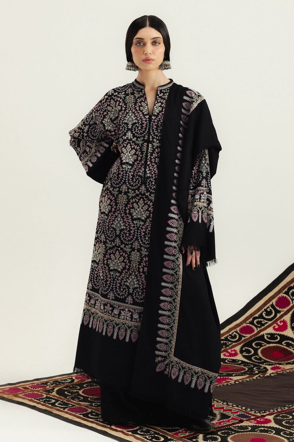 9036 Black Embroidered Dhanak - 3-Piece Unstitched Suit; Black, original model view.