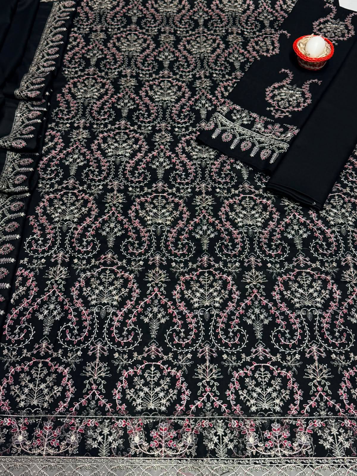9036 Black Embroidered Dhanak - 3-Piece Unstitched Suit; Black, actual fabric and design detail.