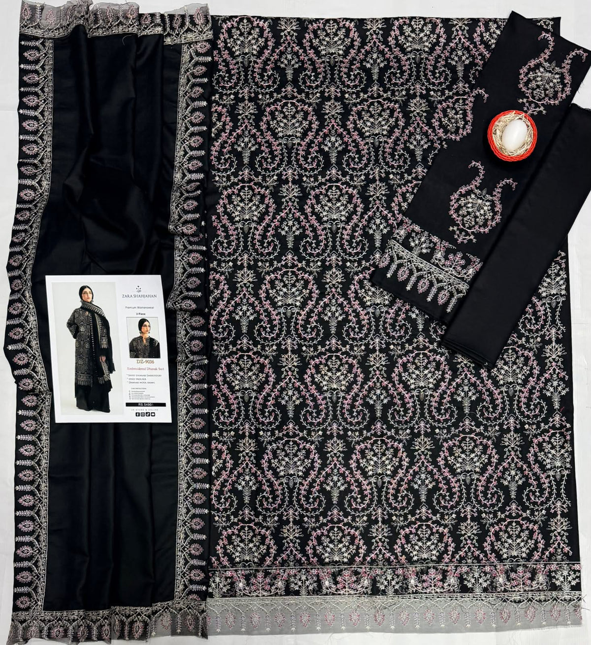 9036 Black Embroidered Dhanak - 3-Piece Unstitched Suit; Black, actual fabric and design detail.