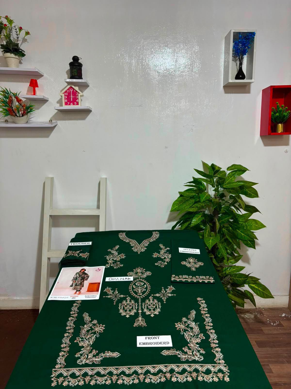 Embroidered Dhanak Two-Piece Edit - Unstitched Collection; Forest Green Scrollwork, actual fabric and design detail.