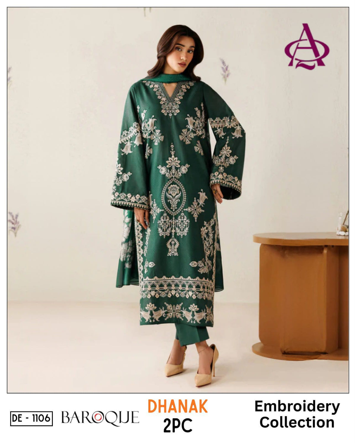 Embroidered Dhanak Two-Piece Edit - Unstitched Collection; Forest Green Scrollwork, original model view.