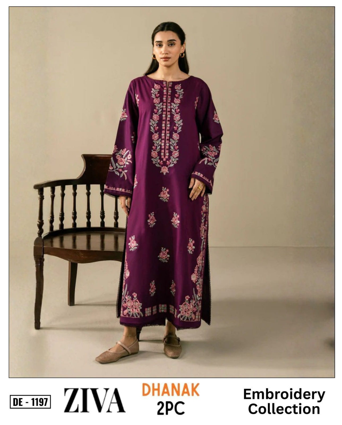 Embroidered Dhanak Two-Piece Edit - Unstitched Collection; Plum Floral, original model view.