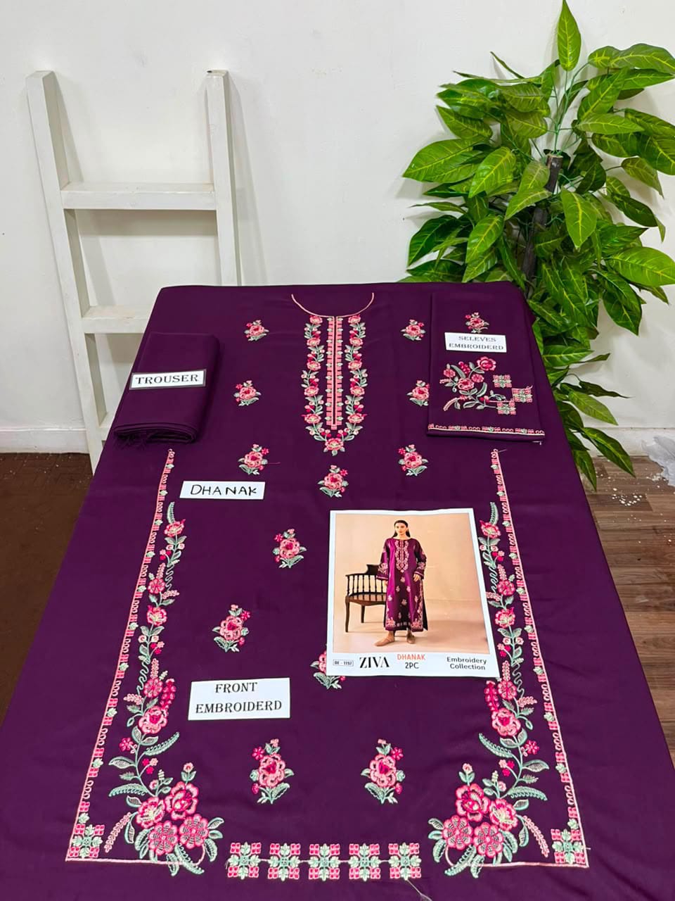 Embroidered Dhanak Two-Piece Edit - Unstitched Collection; Plum Floral, actual fabric and design detail.