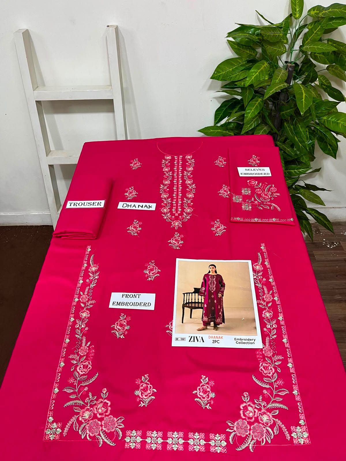 Embroidered Dhanak Two-Piece Edit - Unstitched Collection; Fuchsia Floral, actual fabric and design detail.