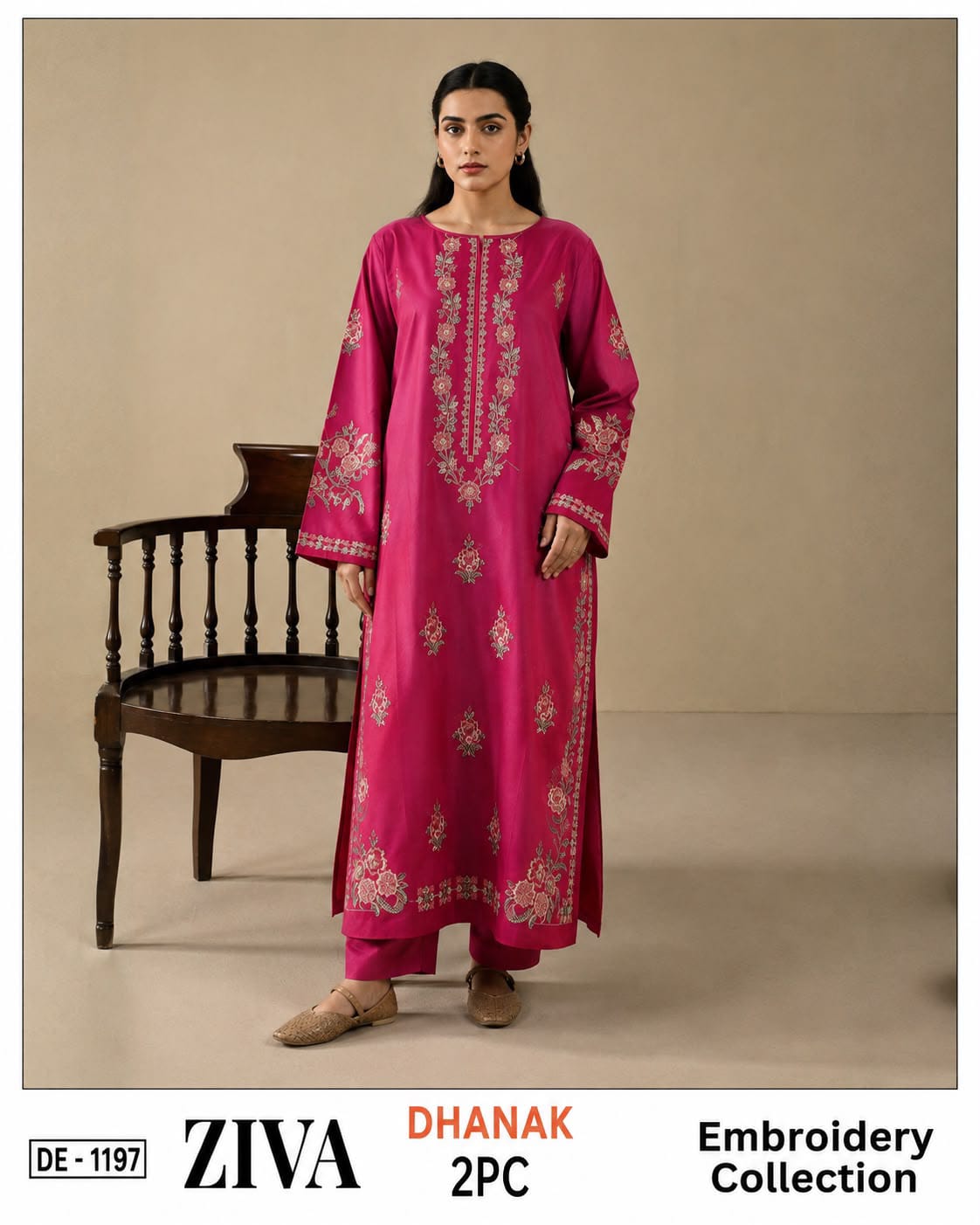 Embroidered Dhanak Two-Piece Edit - Unstitched Collection; Fuchsia Floral, original model view.