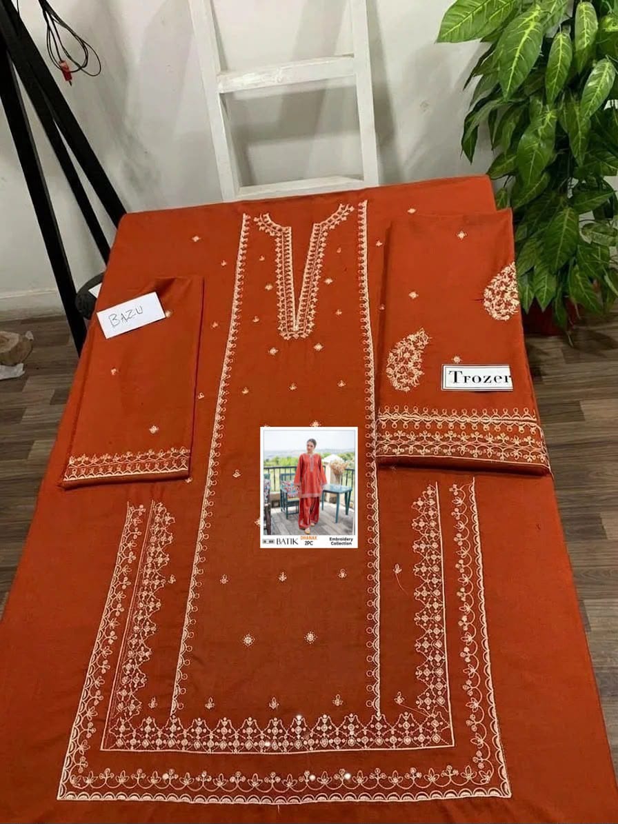 Embroidered Dhanak Two-Piece Edit - Unstitched Collection; Rust Minimal, actual fabric and design detail.