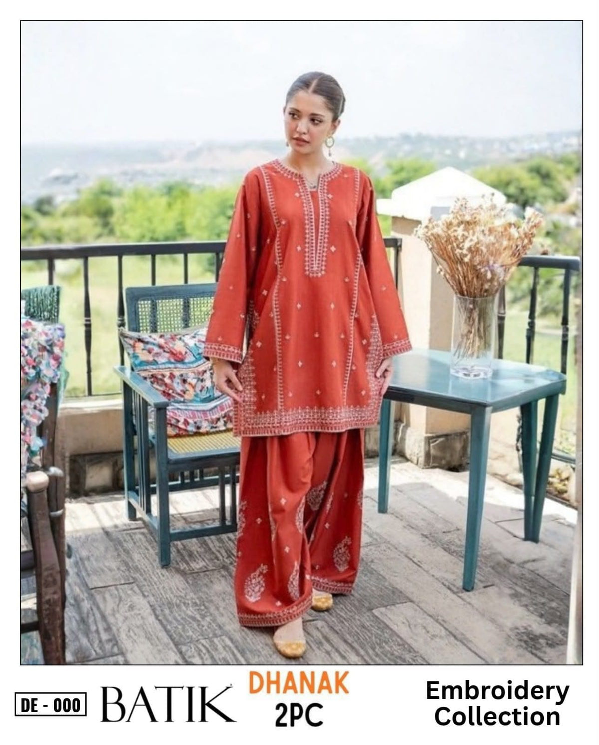 Embroidered Dhanak Two-Piece Edit - Unstitched Collection; Rust Minimal, original model view.