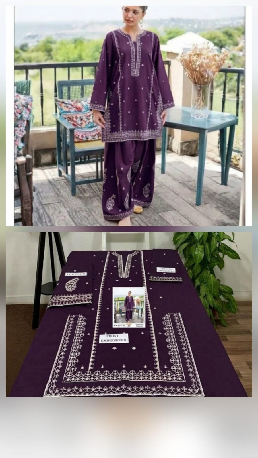 Embroidered Dhanak Two-Piece Edit - Unstitched Collection; Purple Minimal, original model view.