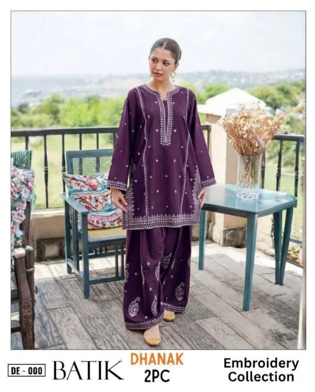 Embroidered Dhanak Two-Piece Edit - Unstitched Collection; Purple Minimal, original model view.