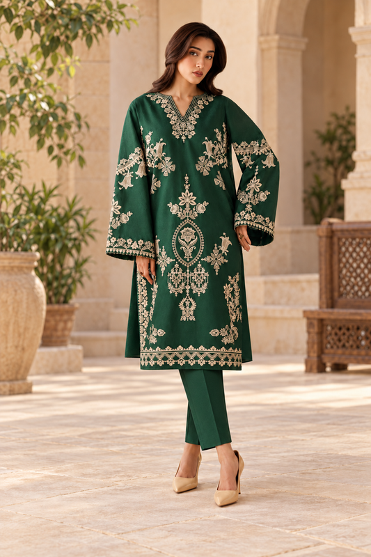 Forest green embroidered Dhanak shirt and trouser, front model styling view. Supplied unstitched.