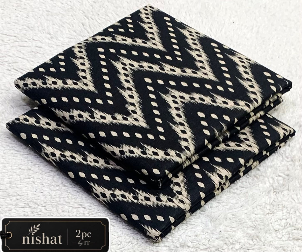 All-Over Printed Khaddar - 2-Piece Unstitched Suit; Black and Ivory Diamond, actual fabric and design detail.