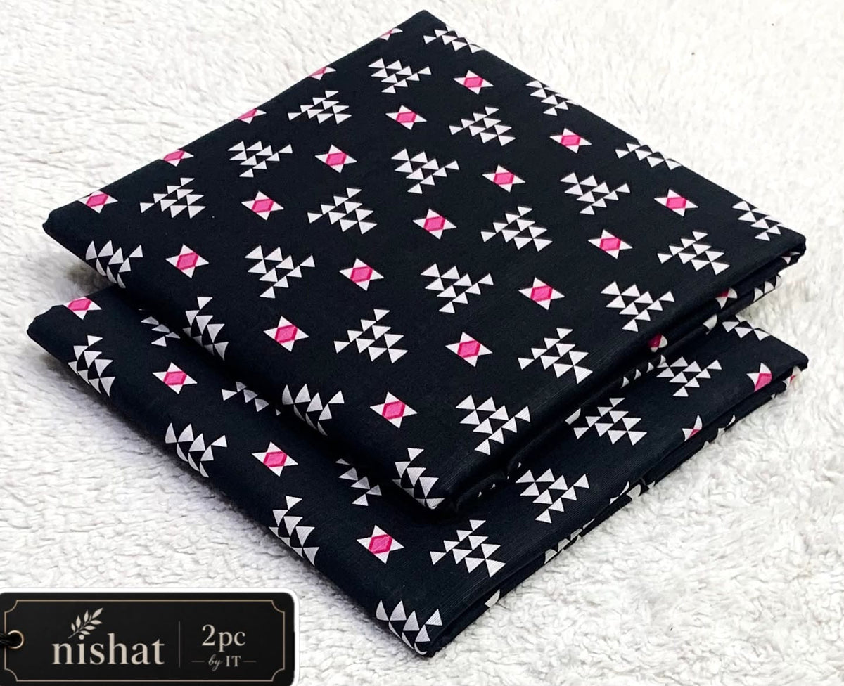 All-Over Printed Khaddar - 2-Piece Unstitched Suit; Black and Pink Motif, actual fabric and design detail.