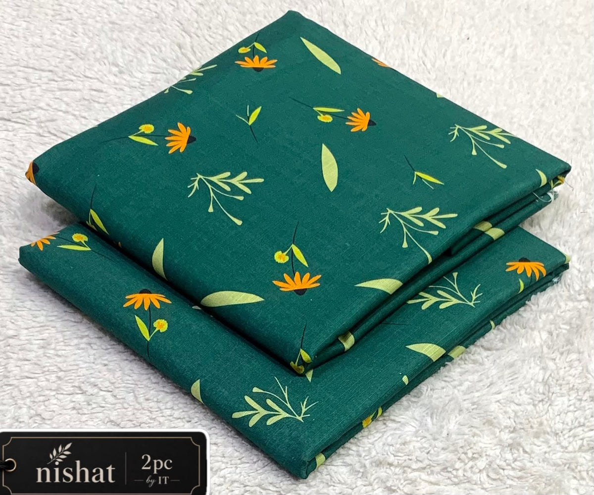 All-Over Printed Khaddar - 2-Piece Unstitched Suit; Green and Yellow Sprigs, actual fabric and design detail.