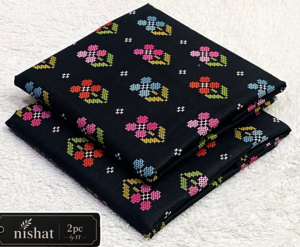 All-Over Printed Khaddar - 2-Piece Unstitched Suit; Black and Pink Geometric, actual fabric and design detail.