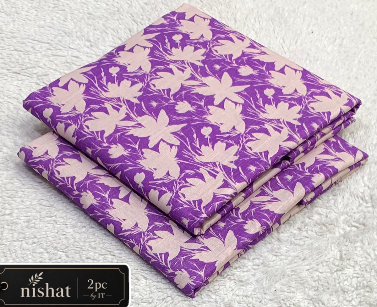 All-Over Printed Khaddar - 2-Piece Unstitched Suit; Lilac and Ivory Leaves, actual fabric and design detail.