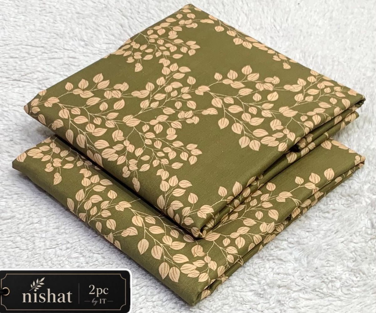 All-Over Printed Khaddar - 2-Piece Unstitched Suit; Olive and Cream Pebble, actual fabric and design detail.