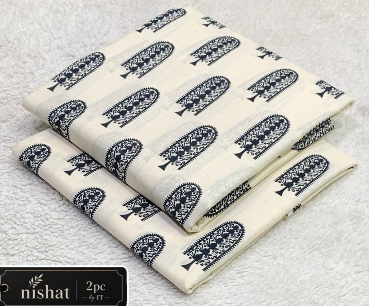 All-Over Printed Khaddar - 2-Piece Unstitched Suit; Ivory and Navy Paisley, actual fabric and design detail.