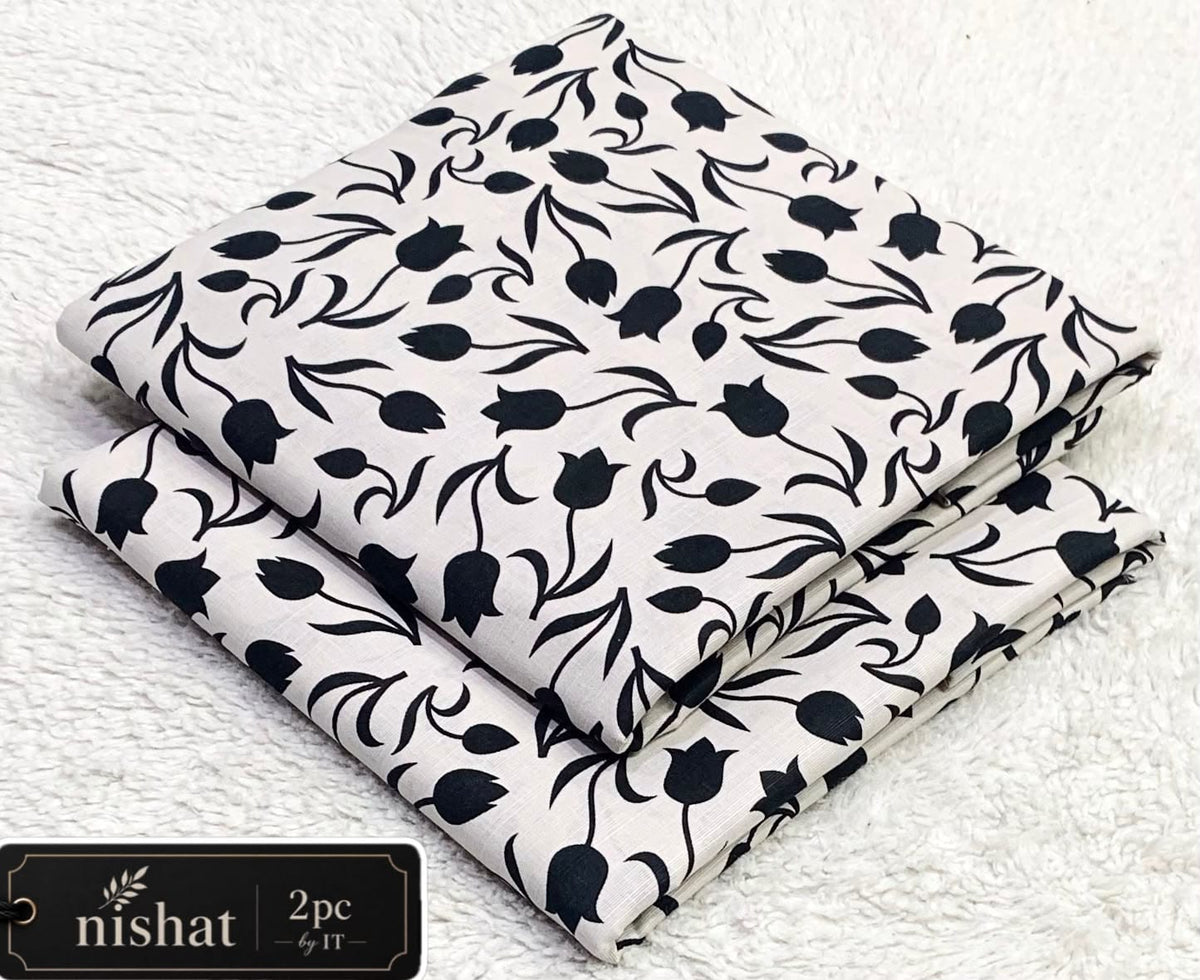 All-Over Printed Khaddar - 2-Piece Unstitched Suit; White and Black Vines, actual fabric and design detail.