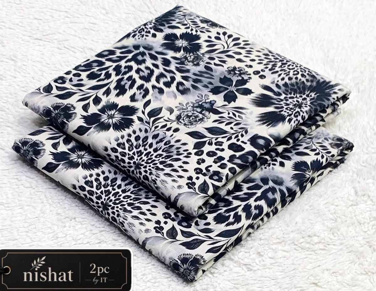 All-Over Printed Khaddar - 2-Piece Unstitched Suit; Black and White Speckles, actual fabric and design detail.