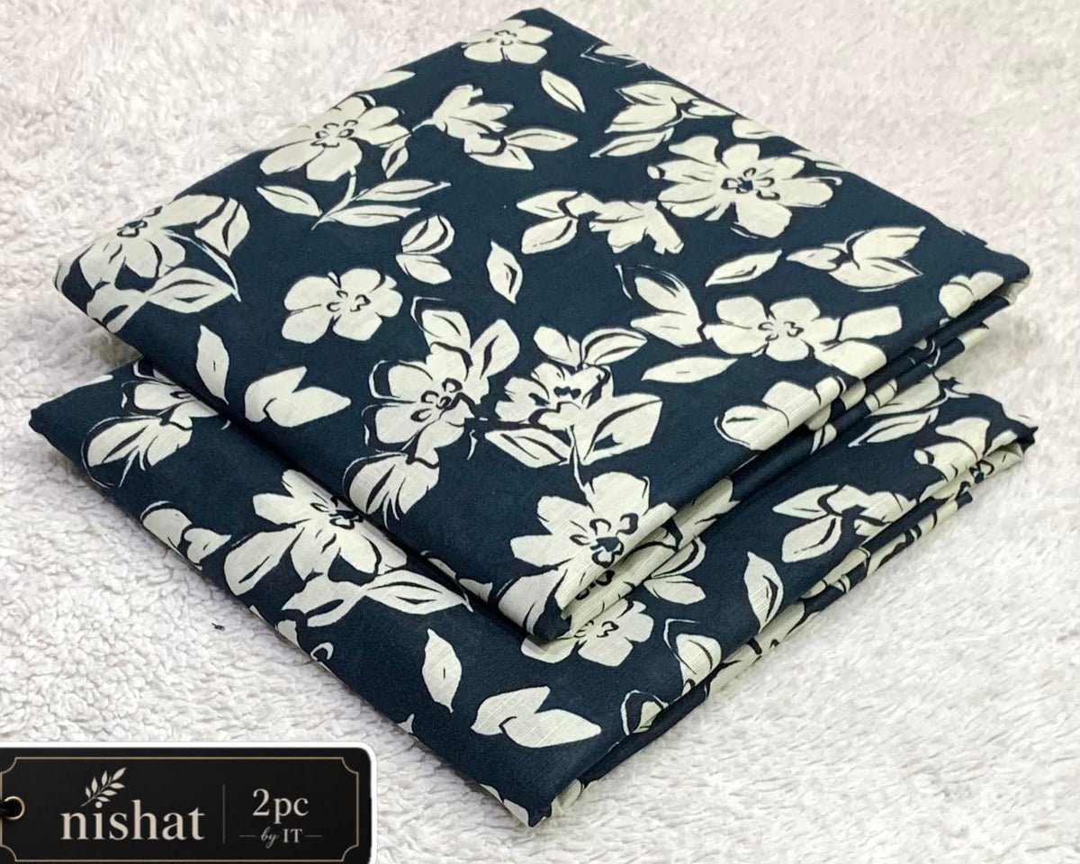 All-Over Printed Khaddar - 2-Piece Unstitched Suit; Navy and Ivory Leaves, actual fabric and design detail.