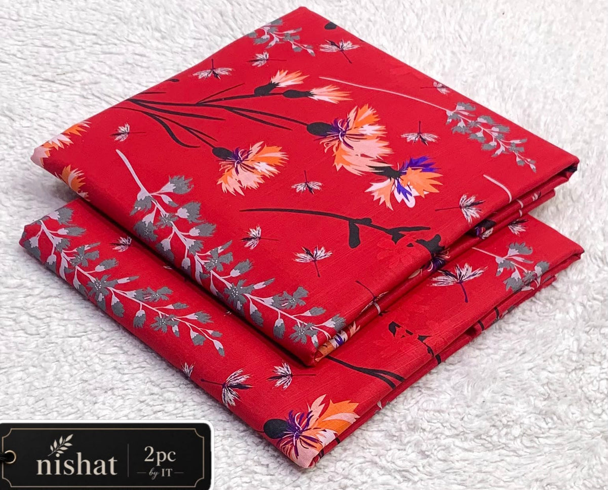 All-Over Printed Khaddar - 2-Piece Unstitched Suit; Red Floral Sprigs, actual fabric and design detail.
