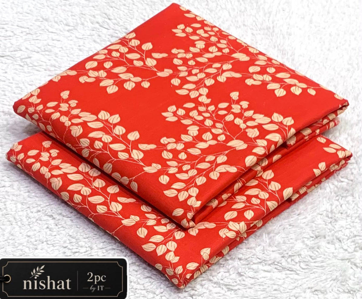 All-Over Printed Khaddar - 2-Piece Unstitched Suit; Orange and Ivory Floral, actual fabric and design detail.