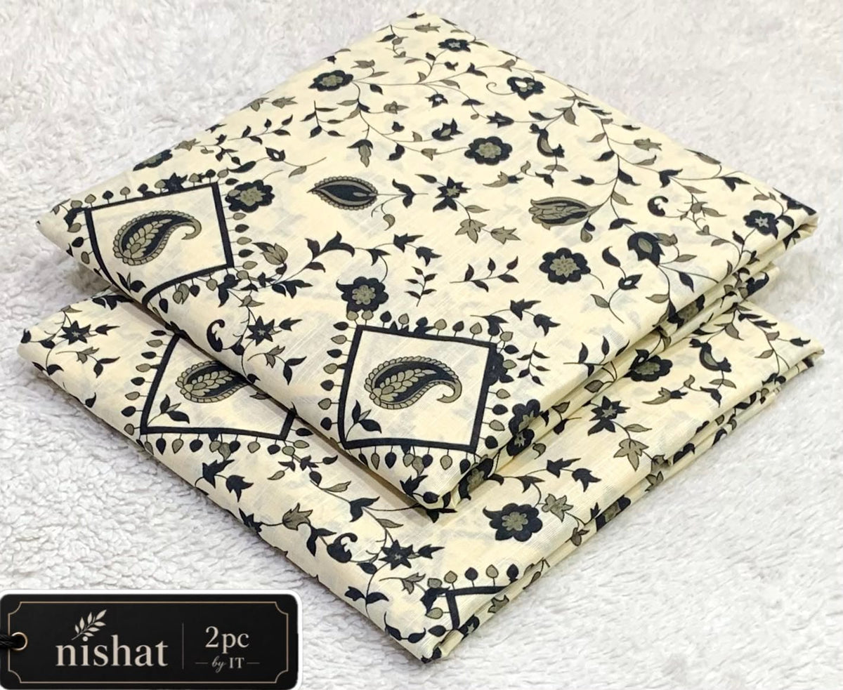 All-Over Printed Khaddar - 2-Piece Unstitched Suit; Ivory and Black Bandana, actual fabric and design detail.