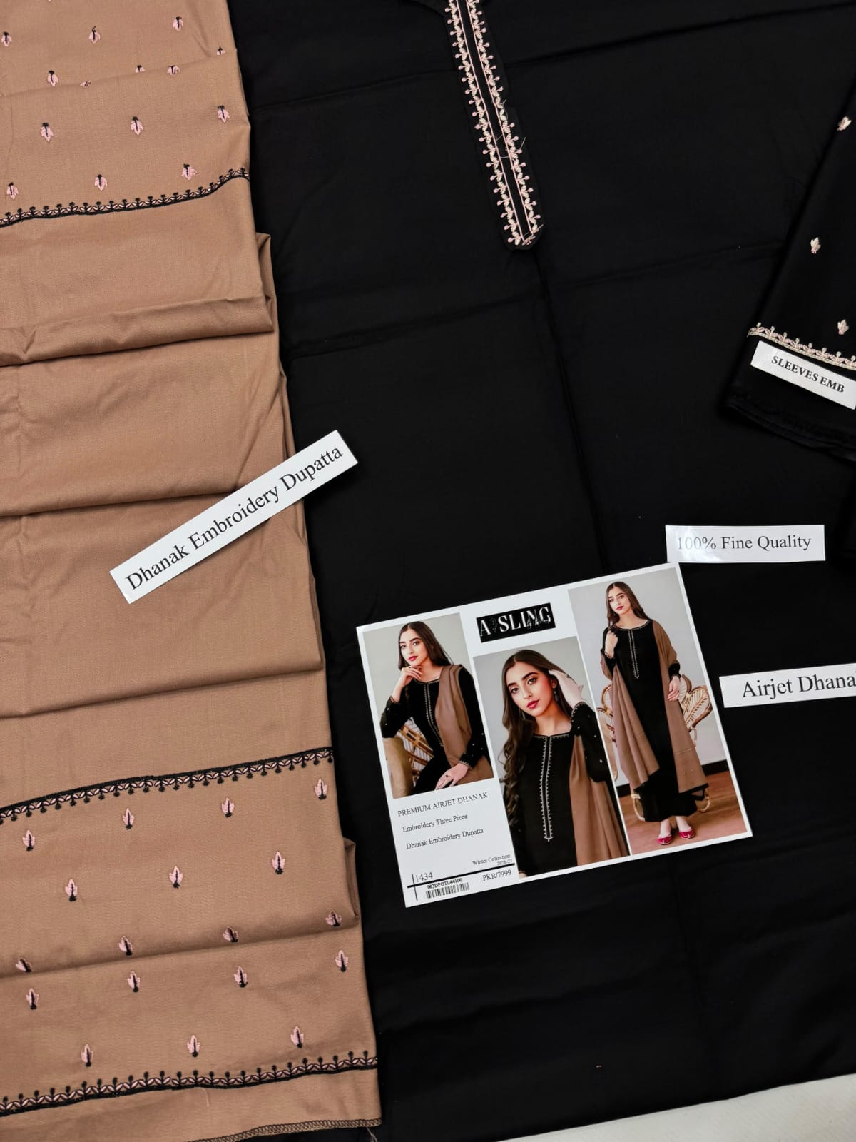 1434 Black and Taupe Dhanak - 3-Piece Unstitched Suit; Black and Taupe, actual fabric and design detail.