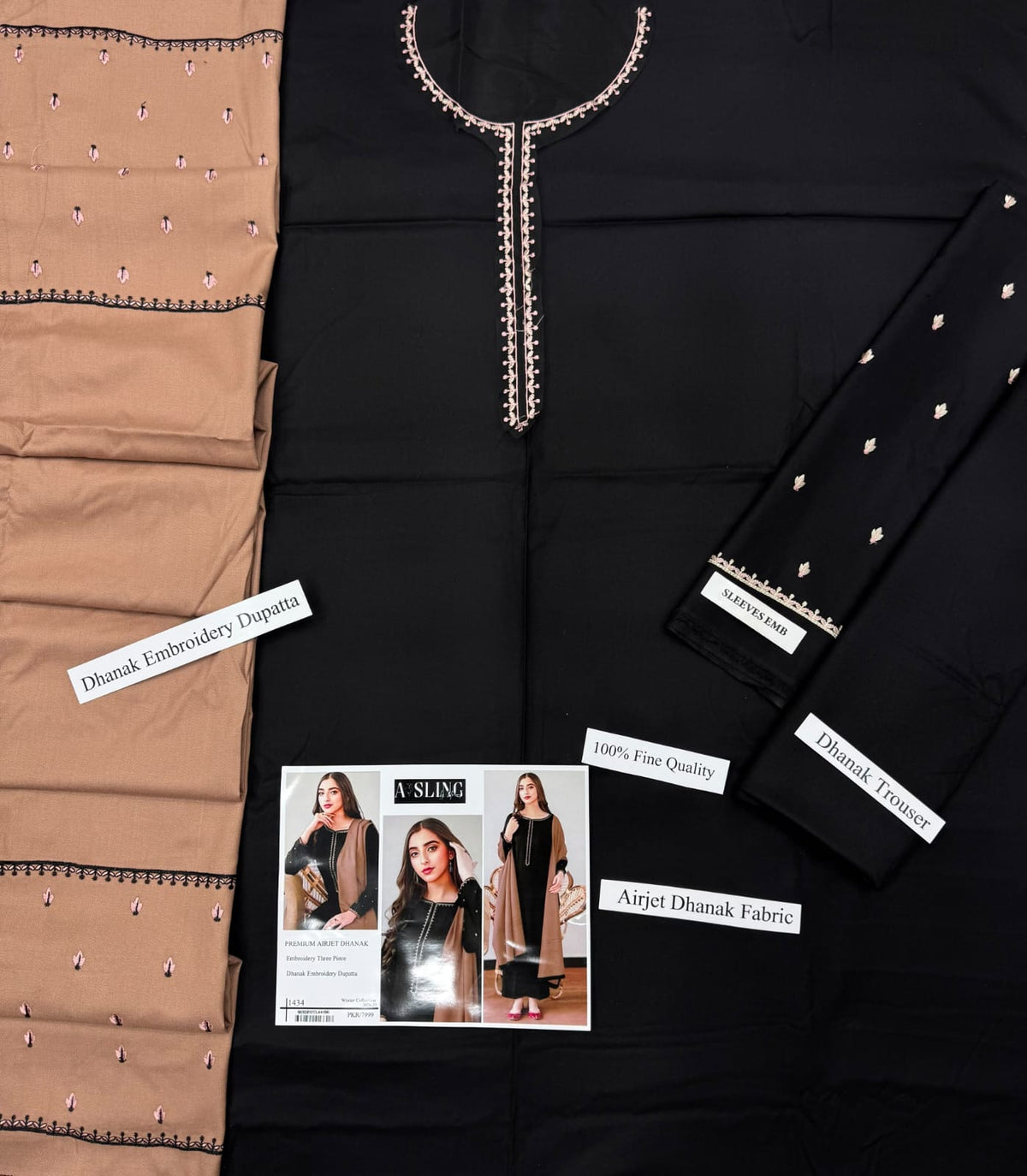 1434 Black and Taupe Dhanak - 3-Piece Unstitched Suit; Black and Taupe, actual fabric and design detail.