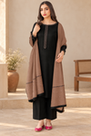 1434 Black and Taupe Dhanak - 3-Piece Unstitched Suit; Black and Taupe, front model styling view. Supplied unstitched.