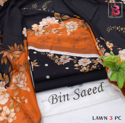 Digital Printed Lawn - 3-Piece Unstitched Collection; Black and Orange Floral, actual fabric and design detail.
