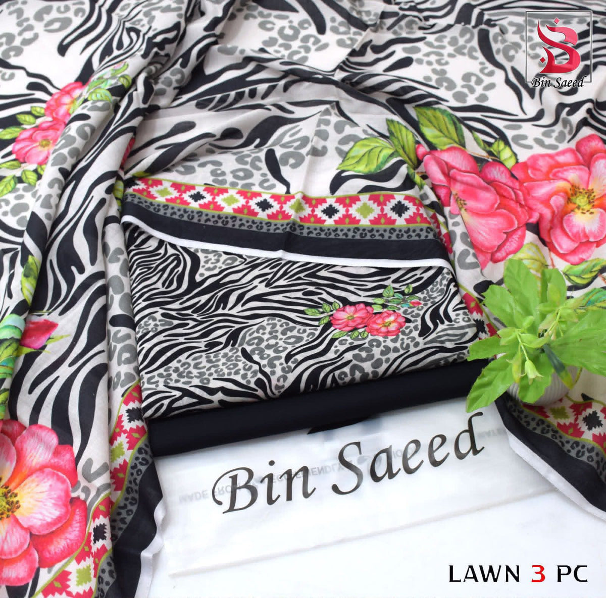 Digital Printed Lawn - 3-Piece Unstitched Collection; Black and White Rose, actual fabric and design detail.