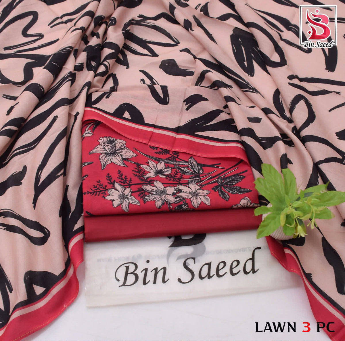 Digital Printed Lawn - 3-Piece Unstitched Collection; Blush and Black Leaves, actual fabric and design detail.