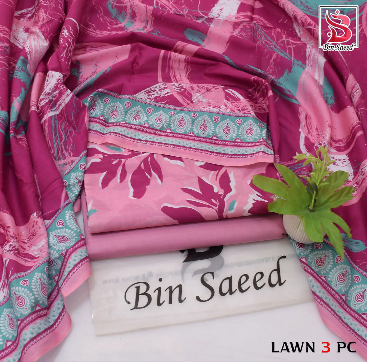 Digital Printed Lawn - 3-Piece Unstitched Collection; Pink Floral, actual fabric and design detail.