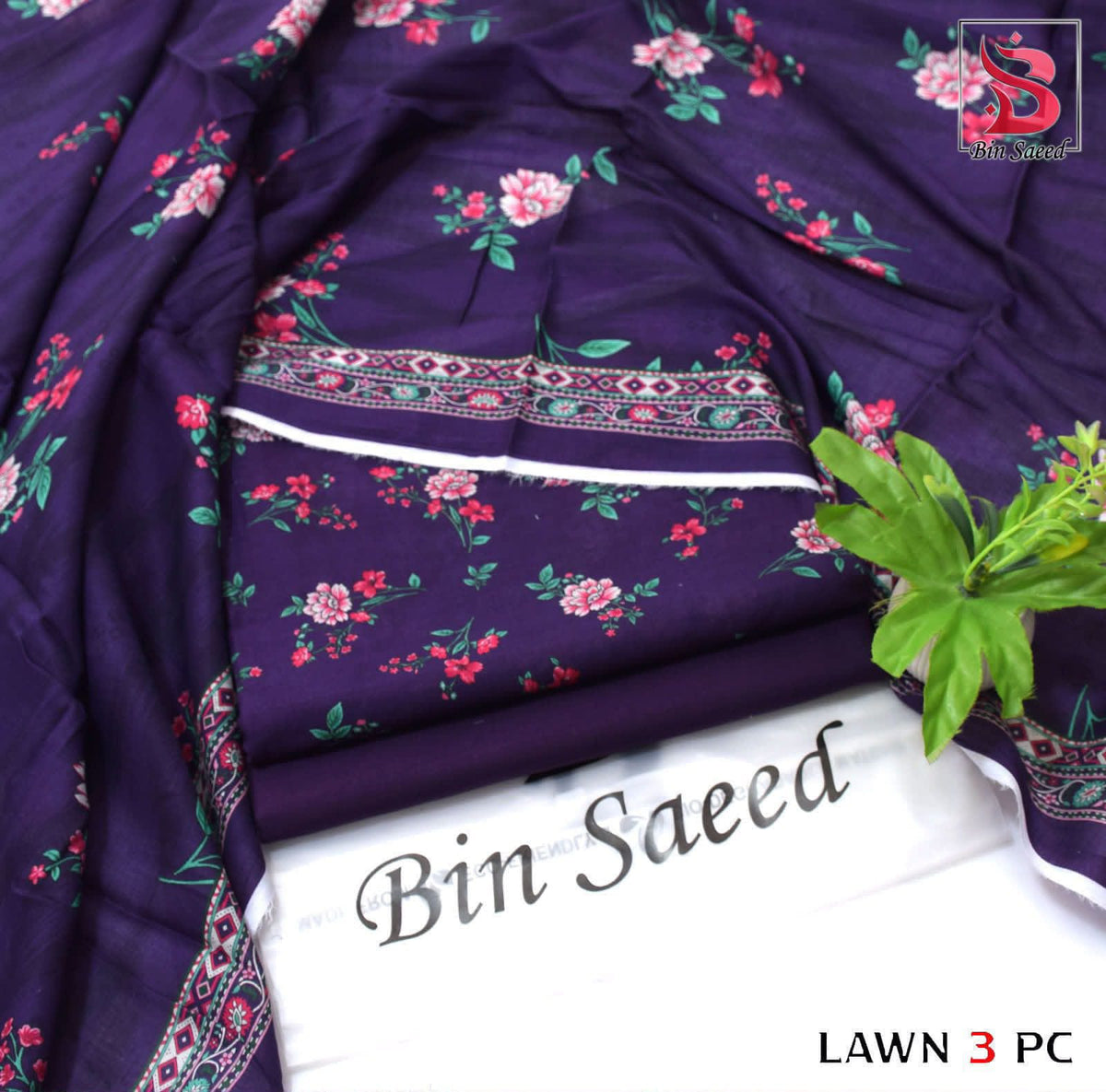 Digital Printed Lawn - 3-Piece Unstitched Collection; Purple Rose, actual fabric and design detail.