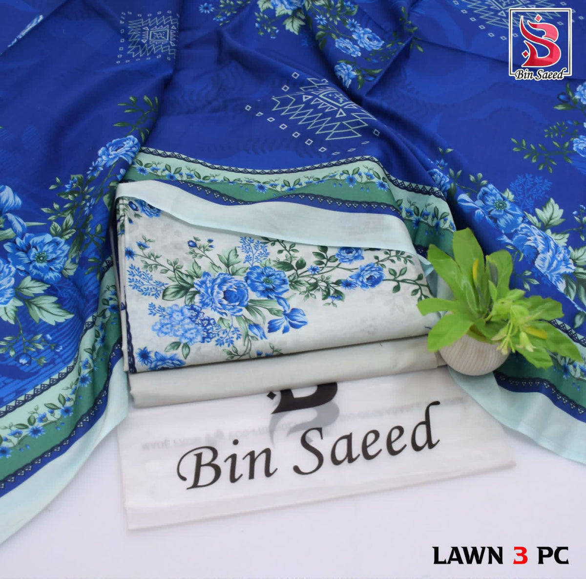 Digital Printed Lawn - 3-Piece Unstitched Collection; Royal Blue Floral, actual fabric and design detail.