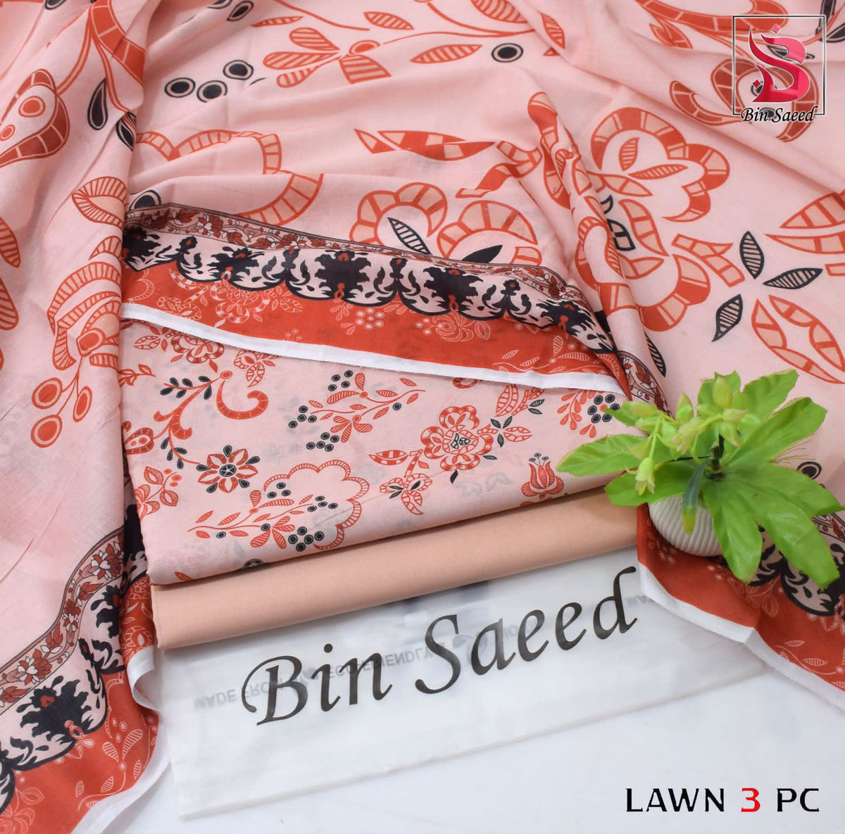 Digital Printed Lawn - 3-Piece Unstitched Collection; Peach Leaves, actual fabric and design detail.