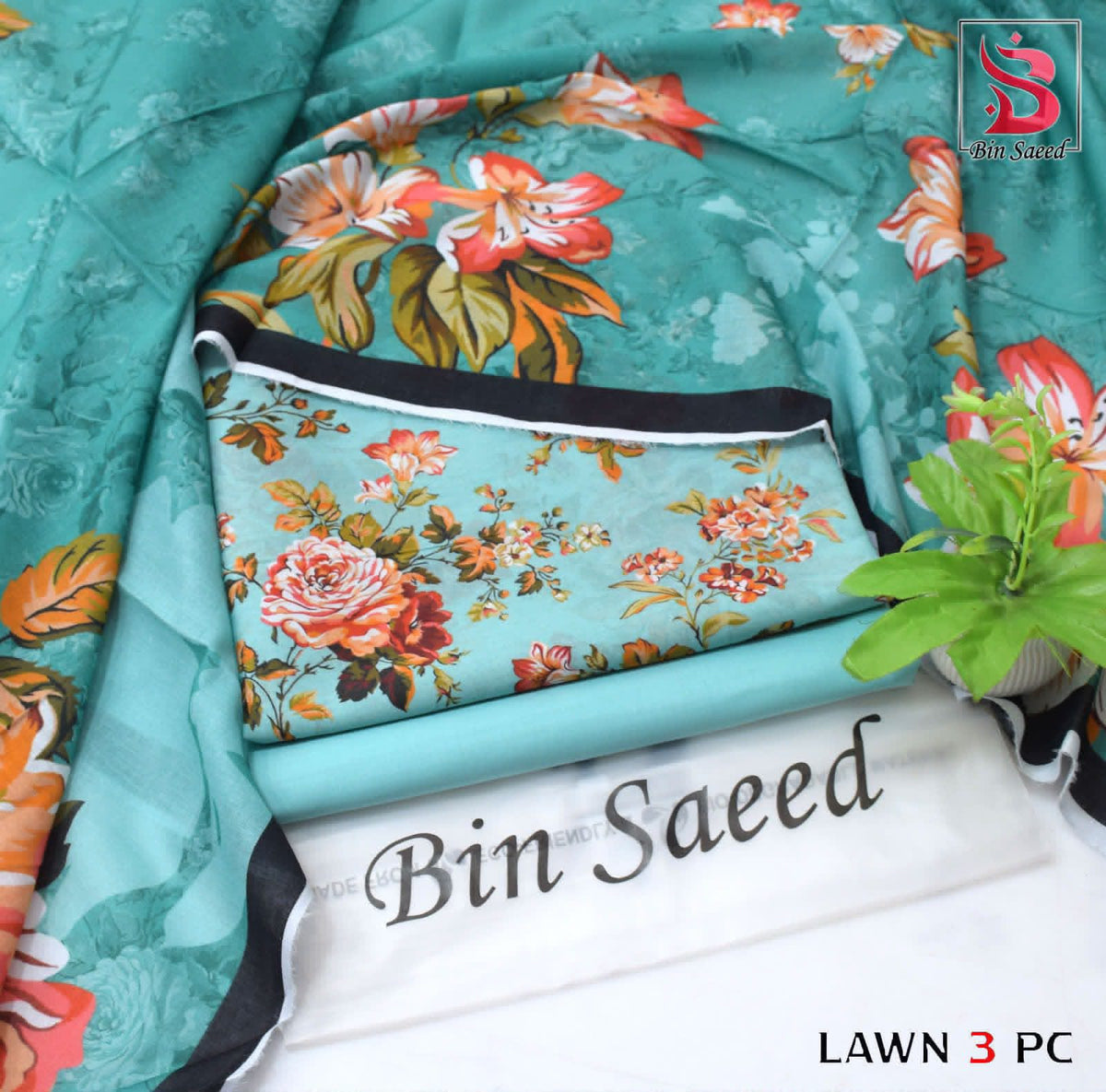 Digital Printed Lawn - 3-Piece Unstitched Collection; Teal Floral, actual fabric and design detail.