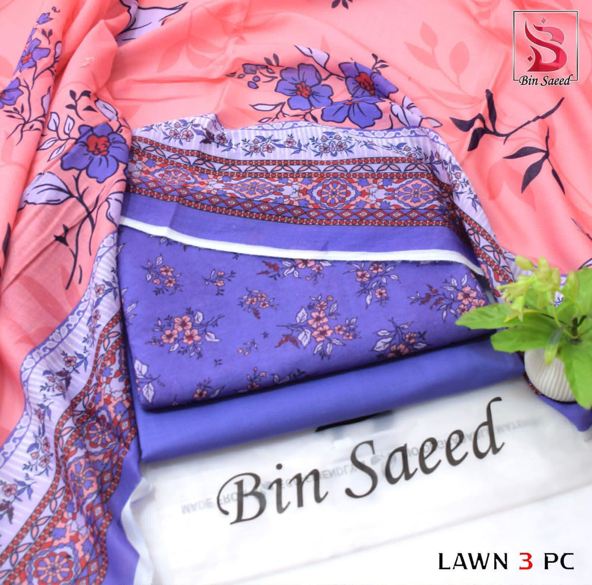 Digital Printed Lawn - 3-Piece Unstitched Collection; Coral and Lilac Floral, actual fabric and design detail.