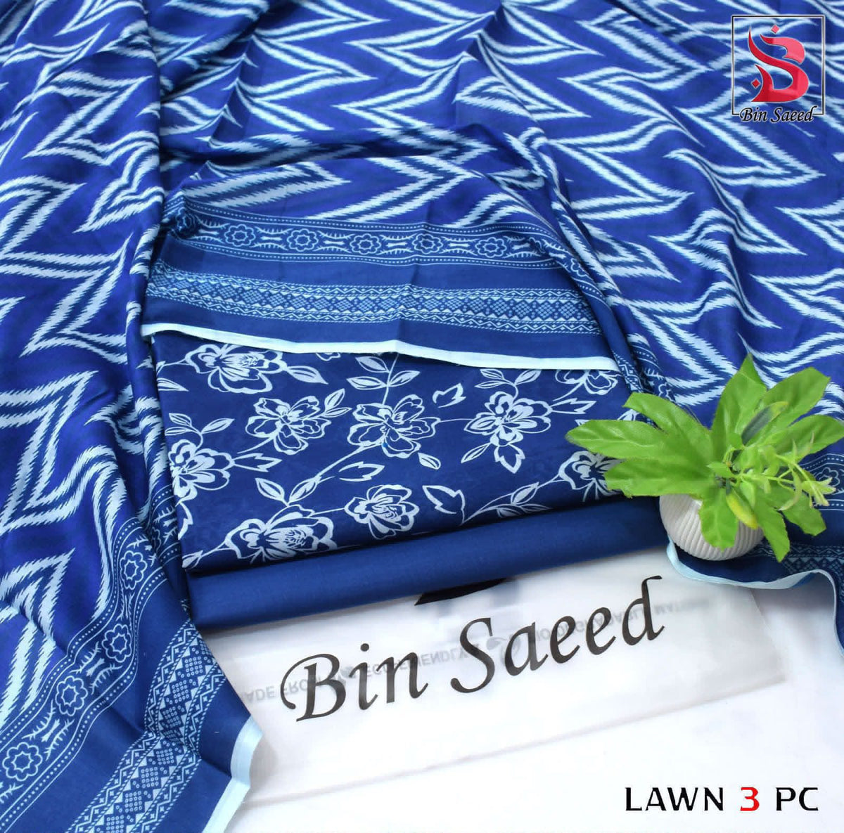 Digital Printed Lawn - 3-Piece Unstitched Collection; Blue Leaves, actual fabric and design detail.